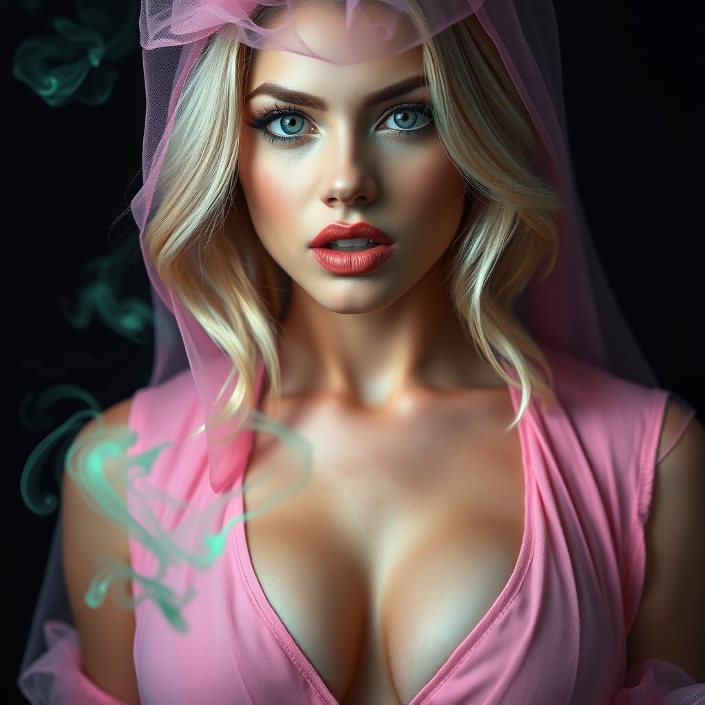 Close-up portrait of a gorgeous female with stunning blonde hair, wearing a pink sheer veil and an open pink genie vest that reveals her large chest and accentuates her cleavage