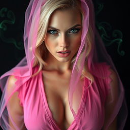 Close-up portrait of a gorgeous female with stunning blonde hair, wearing a pink sheer veil and an open pink genie vest that reveals her large chest and accentuates her cleavage