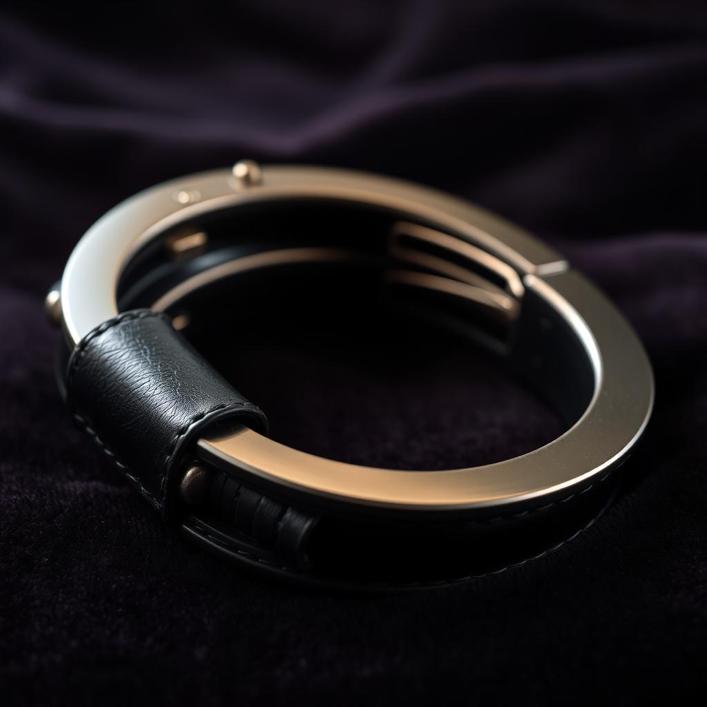 A close-up image of a pair of black leather handcuffs, showcasing their glossy texture and detailed stitching