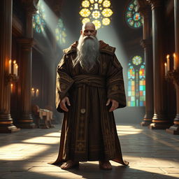 A majestic Goliath monk standing proudly in an ornate monastery, wearing a traditional robe with intricate patterns, deep browns and golds