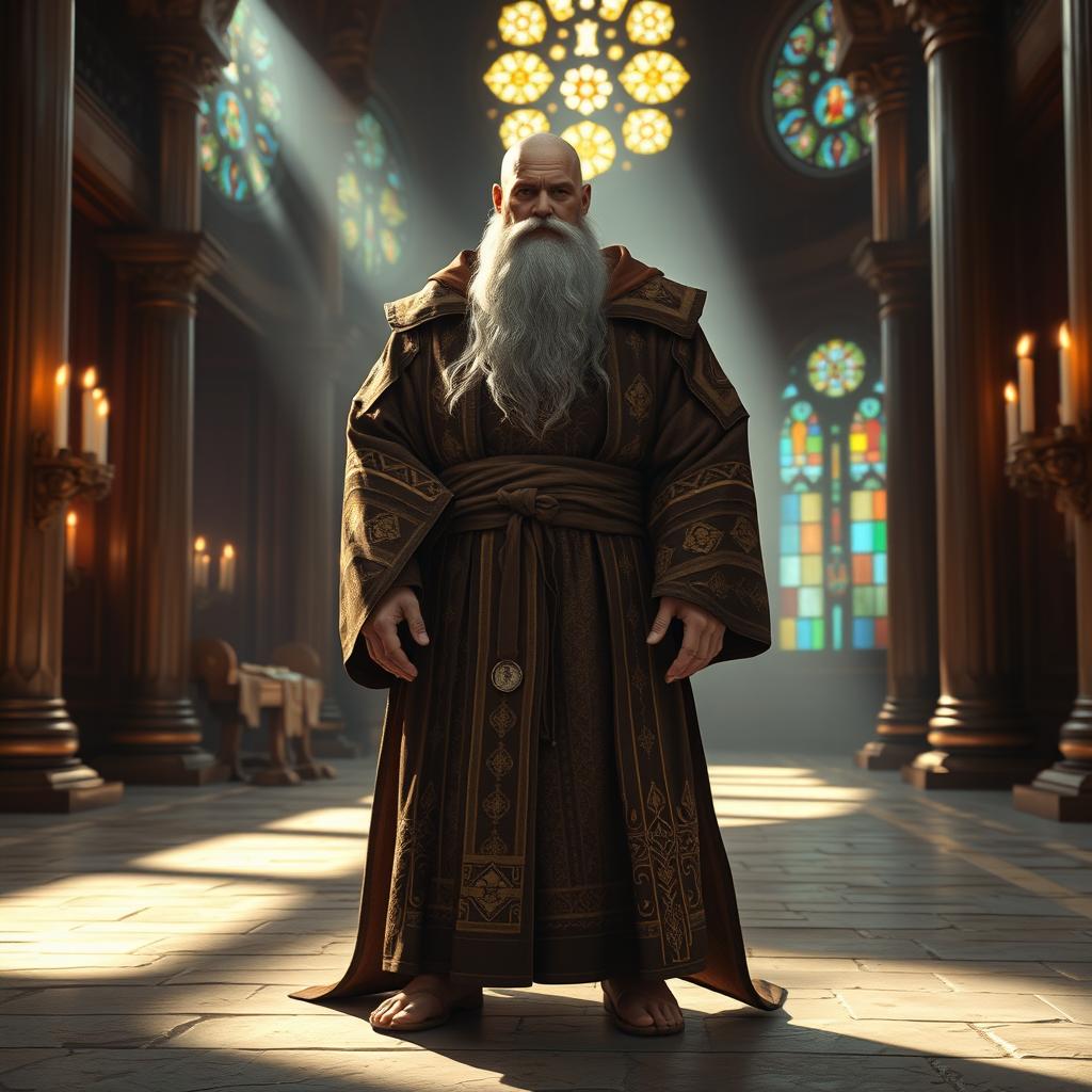 A majestic Goliath monk standing proudly in an ornate monastery, wearing a traditional robe with intricate patterns, deep browns and golds