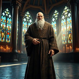 A majestic Goliath monk standing proudly in an ornate monastery, wearing a traditional robe with intricate patterns, deep browns and golds