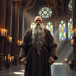 A majestic Goliath monk standing proudly in an ornate monastery, wearing a traditional robe with intricate patterns, deep browns and golds