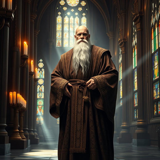 A majestic Goliath monk standing proudly in an ornate monastery, wearing a traditional robe with intricate patterns, deep browns and golds