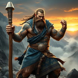 A powerful Goliath warrior monk in an action pose, showcasing impressive muscular build and intricate tribal tattoos