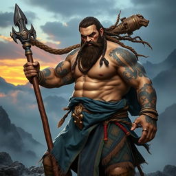 A powerful Goliath warrior monk in an action pose, showcasing impressive muscular build and intricate tribal tattoos