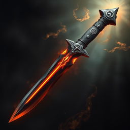 The Dagger of Ashen Veil, an imposing weapon of immense power, features a striking obsidian blade that glows faintly with molten veins, pulsating like a heartbeat and radiating heat and divine energy