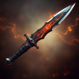 The Dagger of Ashen Veil, an imposing weapon of immense power, features a striking obsidian blade that glows faintly with molten veins, pulsating like a heartbeat and radiating heat and divine energy