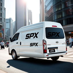 A white Daihatsu Grandmax blind van prominently displaying the SPX logo on its side