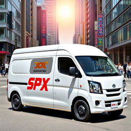 A white Daihatsu Grandmax blind van prominently displaying the SPX logo on its side