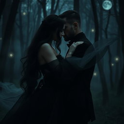 A mysterious and alluring scene of a dark romance, featuring a passionately entwined couple shrouded in shadows, set in an eerie, moonlit forest