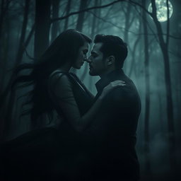 A mysterious and alluring scene of a dark romance, featuring a passionately entwined couple shrouded in shadows, set in an eerie, moonlit forest