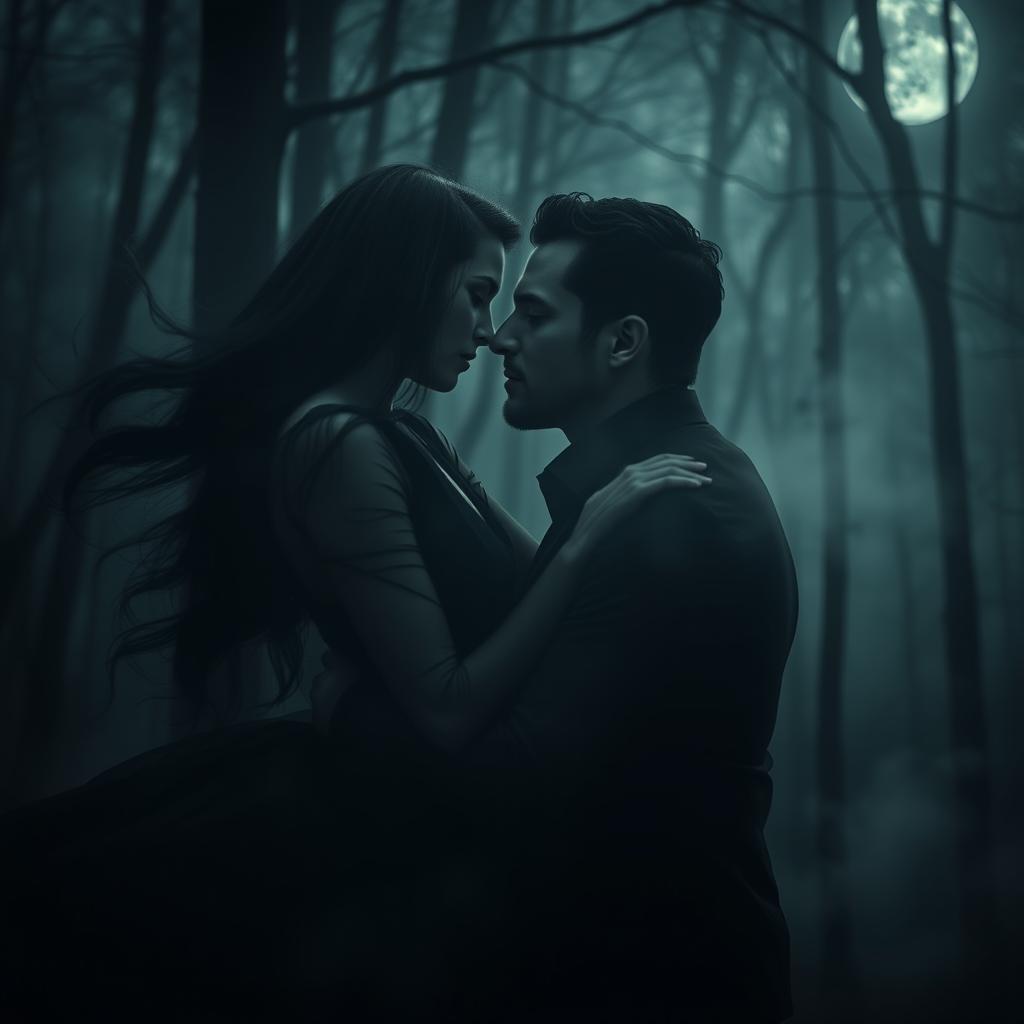 A mysterious and alluring scene of a dark romance, featuring a passionately entwined couple shrouded in shadows, set in an eerie, moonlit forest