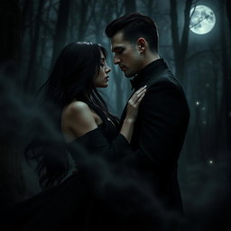 A mysterious and alluring scene of a dark romance, featuring a passionately entwined couple shrouded in shadows, set in an eerie, moonlit forest