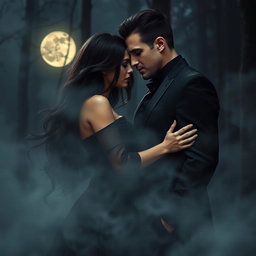A mysterious and alluring scene of a dark romance, featuring a passionately entwined couple shrouded in shadows, set in an eerie, moonlit forest
