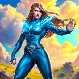 A superhero named Dreamstride wearing a sleek and futuristic blue super suit, embellished with glowing elements that suggest her teleportation abilities