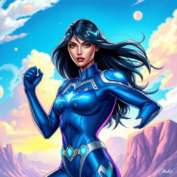 A superhero named Dreamstride wearing a sleek and futuristic blue super suit, embellished with glowing elements that suggest her teleportation abilities