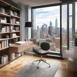 A well-lighted modern office space with a sleek desk, ergonomic chair, bookshelves filled with books, and a large window revealing a cityscape view.