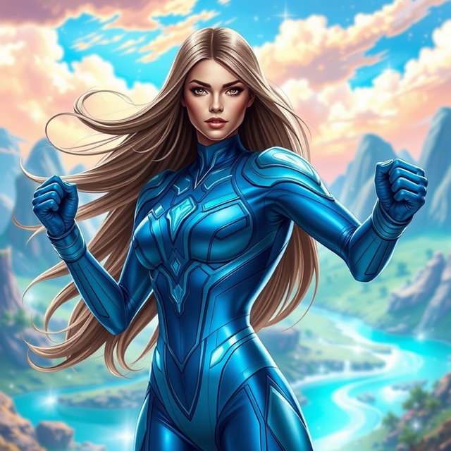 A superhero named Dreamstride wearing a sleek and futuristic blue super suit, embellished with glowing elements that suggest her teleportation abilities