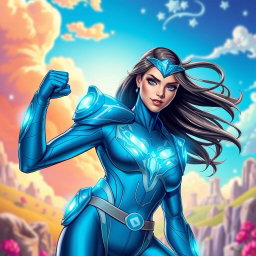 A superhero named Dreamstride wearing a sleek and futuristic blue super suit, embellished with glowing elements that suggest her teleportation abilities