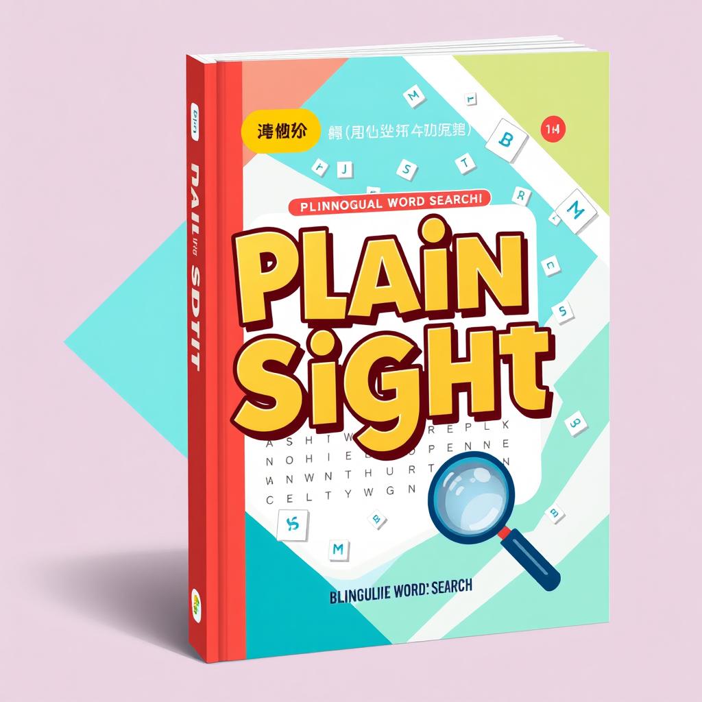 A vibrant and engaging cover design for a bilingual word search book titled 'Plain Sight'