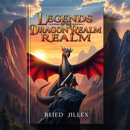 A captivating book cover design featuring an epic fantasy landscape with towering mountains in the background, a mystical forest in the foreground, and a radiant sunset casting a golden hue over the scene