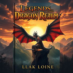 A captivating book cover design featuring an epic fantasy landscape with towering mountains in the background, a mystical forest in the foreground, and a radiant sunset casting a golden hue over the scene