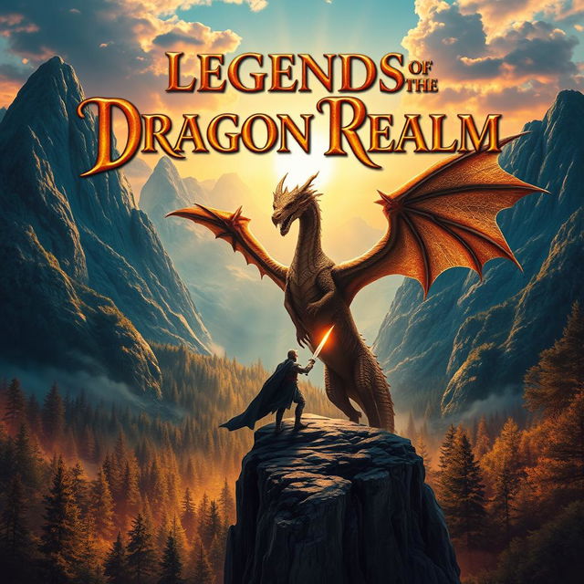 A captivating book cover design featuring an epic fantasy landscape with towering mountains in the background, a mystical forest in the foreground, and a radiant sunset casting a golden hue over the scene