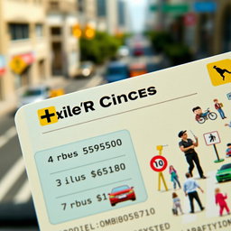 A close-up of a driver's license with a focus on a clear and detailed representation of the points system, showcasing the point values, relevant images like cars or traffic signs, and a background of a bustling city street