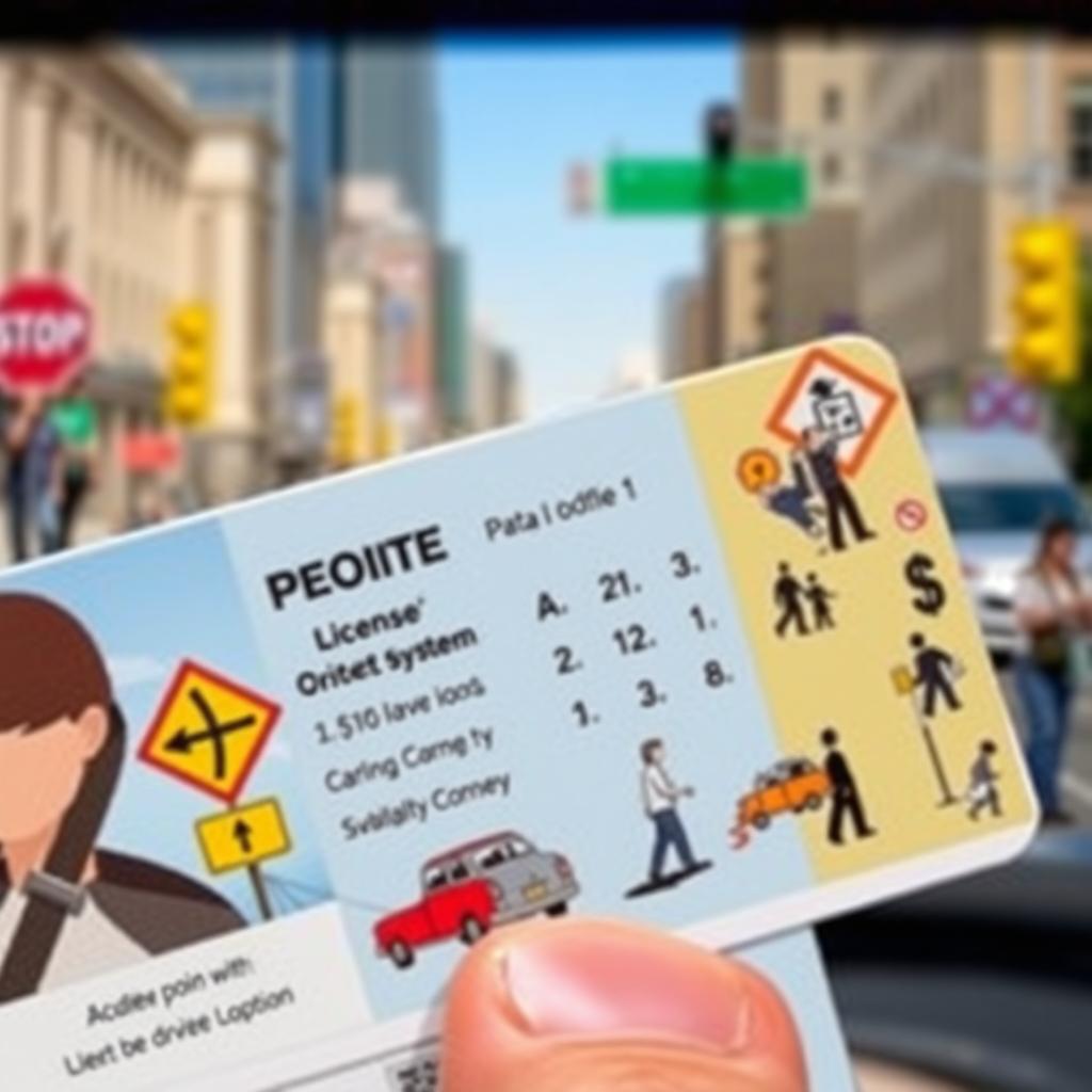 A close-up of a driver's license with a focus on a clear and detailed representation of the points system, showcasing the point values, relevant images like cars or traffic signs, and a background of a bustling city street