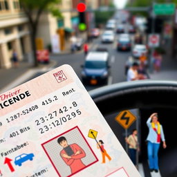 A close-up of a driver's license with a focus on a clear and detailed representation of the points system, showcasing the point values, relevant images like cars or traffic signs, and a background of a bustling city street