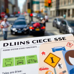 A close-up of a driver's license with a focus on a clear and detailed representation of the points system, showcasing the point values, relevant images like cars or traffic signs, and a background of a bustling city street