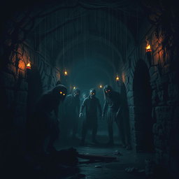 A dark and eerie dungeon filled with shadows, where zombies are lurking, half-visible in the dim light