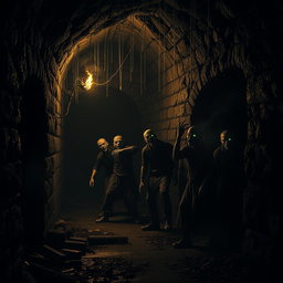 A dark and eerie dungeon filled with shadows, where zombies are lurking, half-visible in the dim light