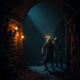 A dark and eerie dungeon filled with shadows, where zombies are lurking, half-visible in the dim light