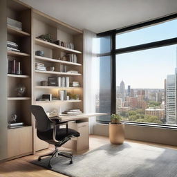 A well-lighted modern office space with a sleek desk, ergonomic chair, bookshelves filled with books, and a large window revealing a cityscape view.