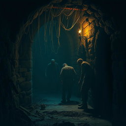 A dark and eerie dungeon filled with shadows, where zombies are lurking, half-visible in the dim light
