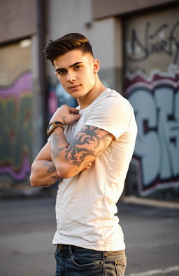 A young man with a stylish tattoo on his arm, showcasing intricate designs and vibrant colors