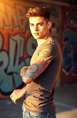 A young man with a stylish tattoo on his arm, showcasing intricate designs and vibrant colors