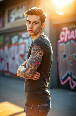 A young man with a stylish tattoo on his arm, showcasing intricate designs and vibrant colors