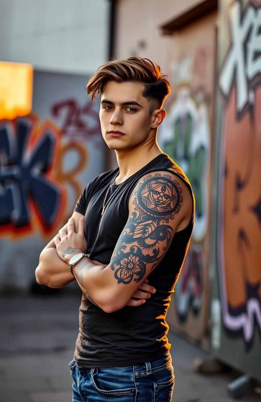 A young man with a stylish tattoo on his arm, showcasing intricate designs and vibrant colors
