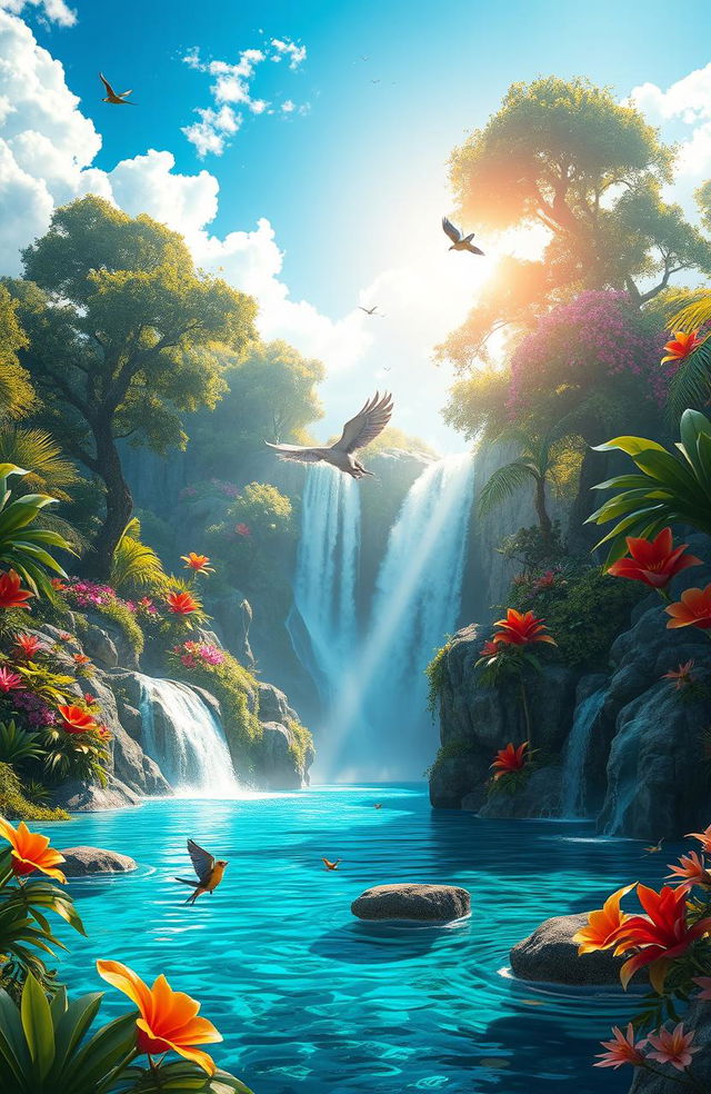 A stunning, lush fantasy landscape featuring a majestic waterfall cascading into a crystal-clear lagoon surrounded by exotic flora