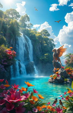 A stunning, lush fantasy landscape featuring a majestic waterfall cascading into a crystal-clear lagoon surrounded by exotic flora