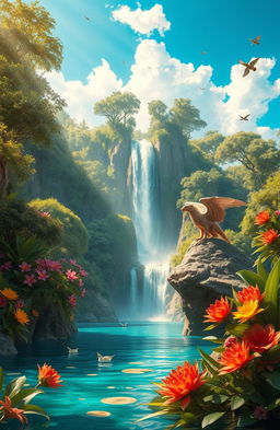 A stunning, lush fantasy landscape featuring a majestic waterfall cascading into a crystal-clear lagoon surrounded by exotic flora