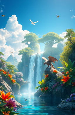 A stunning, lush fantasy landscape featuring a majestic waterfall cascading into a crystal-clear lagoon surrounded by exotic flora