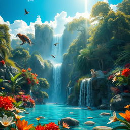 A stunning, lush fantasy landscape featuring a majestic waterfall cascading into a crystal-clear lagoon surrounded by exotic flora