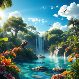 A stunning, lush fantasy landscape featuring a majestic waterfall cascading into a crystal-clear lagoon surrounded by exotic flora