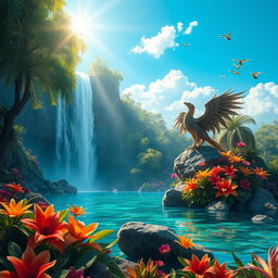 A stunning, lush fantasy landscape featuring a majestic waterfall cascading into a crystal-clear lagoon surrounded by exotic flora