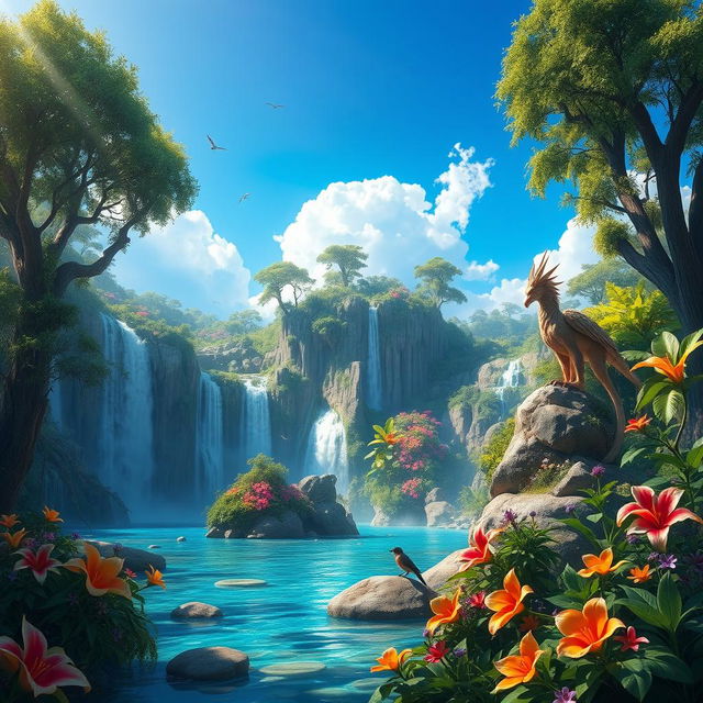 A stunning, lush fantasy landscape featuring a majestic waterfall cascading into a crystal-clear lagoon surrounded by exotic flora