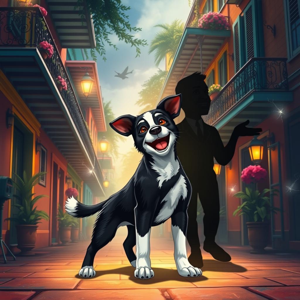 An enchanting scene featuring Legba, a spirited black and white pup with a joyful expression, standing in a captivating New Orleans street filled with vibrant colors and historical architecture